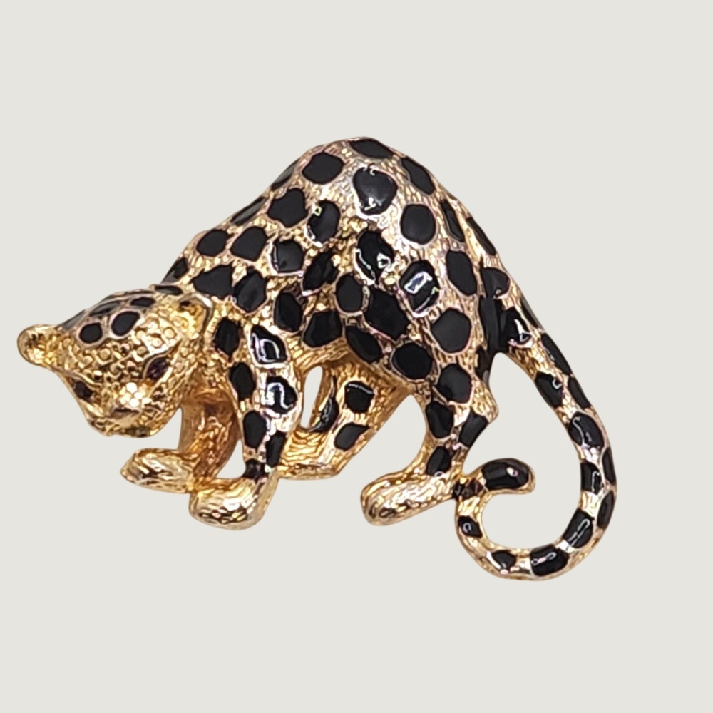Vintage Leopard Brooch Park Lane Gold Tone Black Enamel Big Cat Pendant Pin